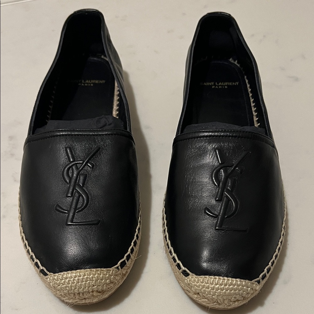Saint Laurent Black Leather Espadrilles with Tan Espadrille Trim